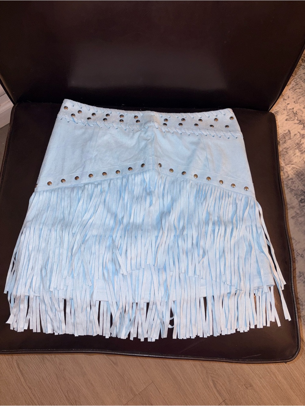 Idyllwind Light Blue Fringe Mini Skirt with Stud Detailing